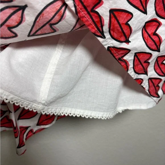 Anthropologie Red Smooch Dress. All Over Red Lip Design. Button Front. Pockets. - Picture 3 of 16